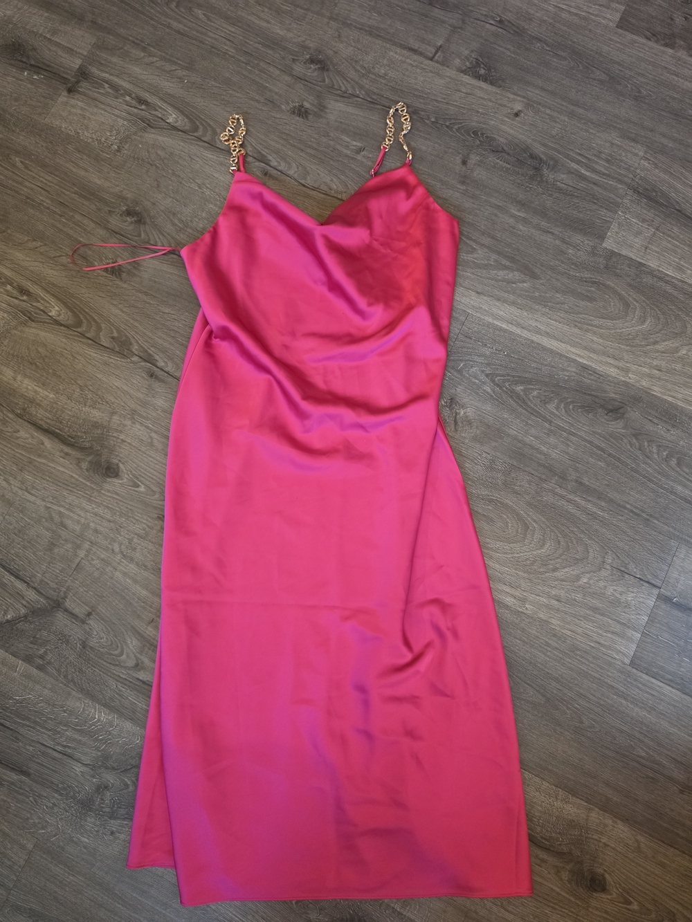House of Harlow 1960 Hot Pink Satin Midi Slip Dress with Chain Straps